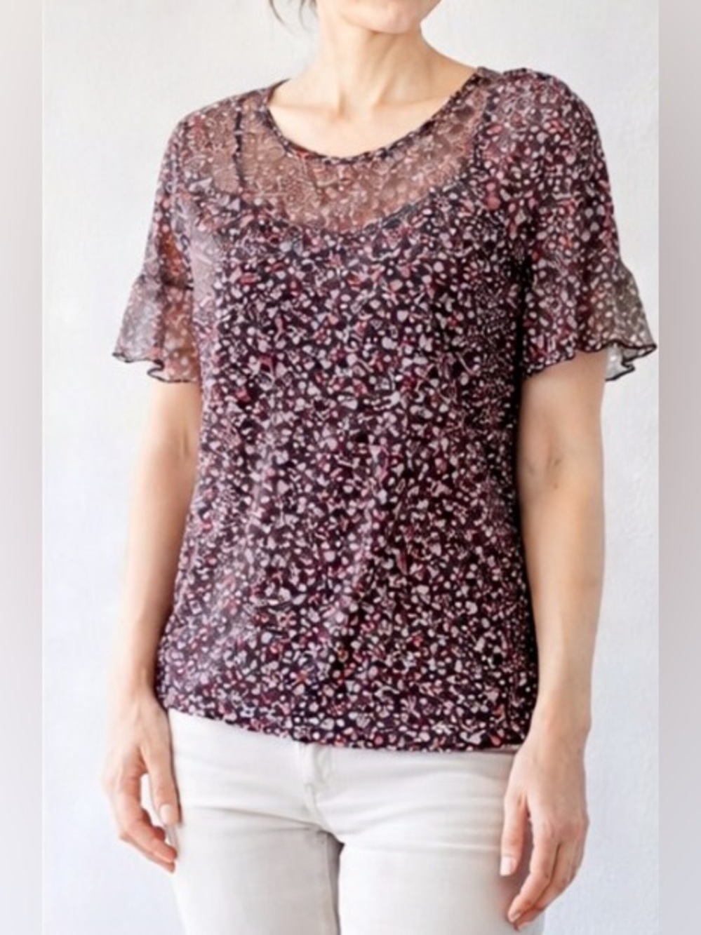 Adele & May Floral Flutter Sleeve Blouse Sheer Black Pink Size M
